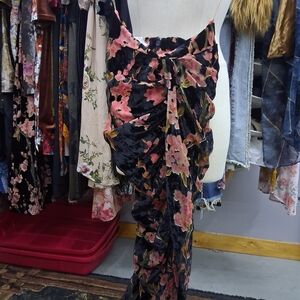 House of CB London Black Velvet Midi Skirt with Pink Floral Print